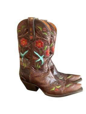 Dan Post Blue Bird Cowboy Boots Chocolate Brown Leather Womens 7.5 Vtg Western